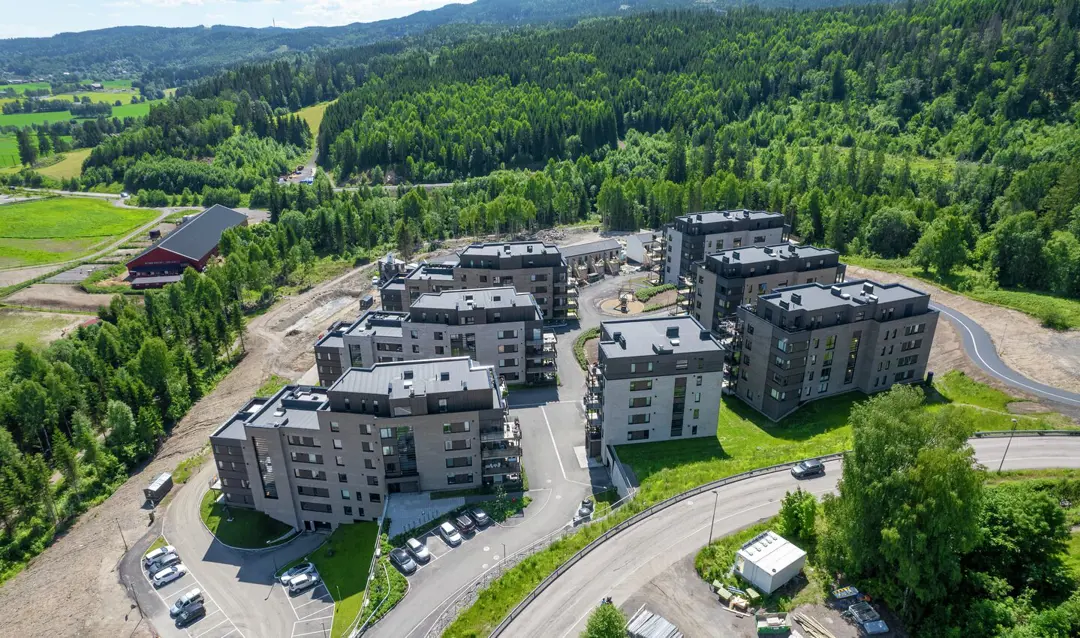 Bilde ovenfra av de syv leilighetsbyggene i naturskjønne omgivelser.