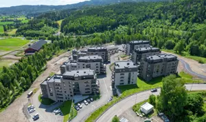 Bilde ovenfra av de syv leilighetsbyggene i naturskjønne omgivelser.