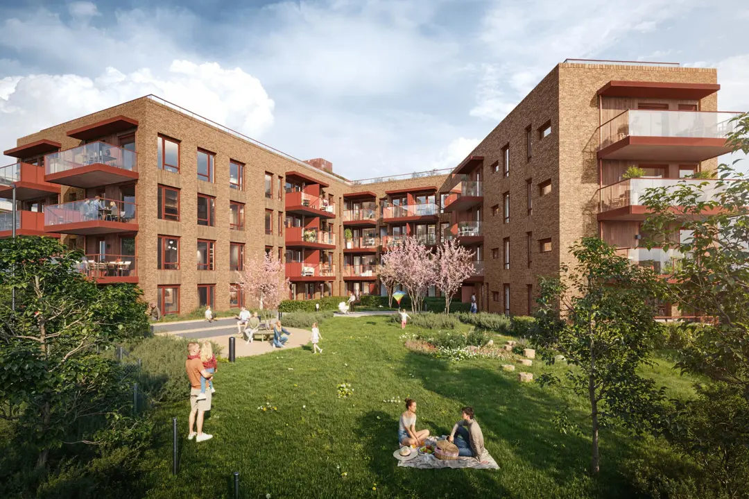 Illustrasjonsbilde av et leilighetsbygg med en park i forkant. Mange mennesker koser seg i parken. 