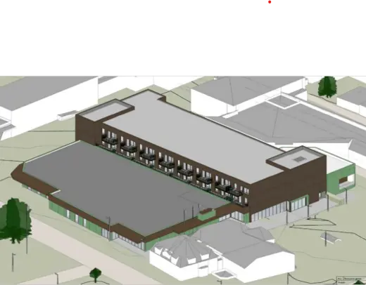 Illustrasjon av nytt bygg med opp til flere etasjer. 